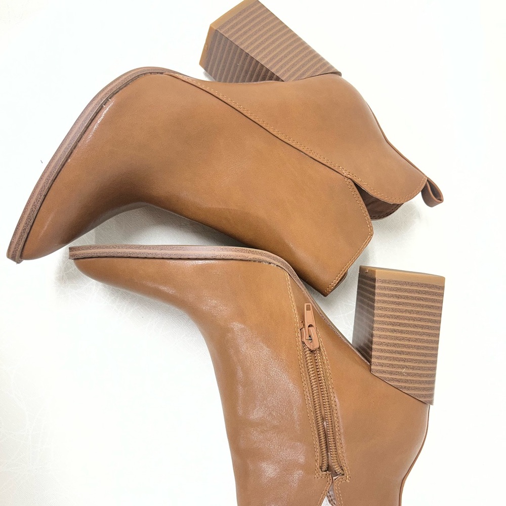 Nine West Cognac Leather Block Heel Ankle Boots